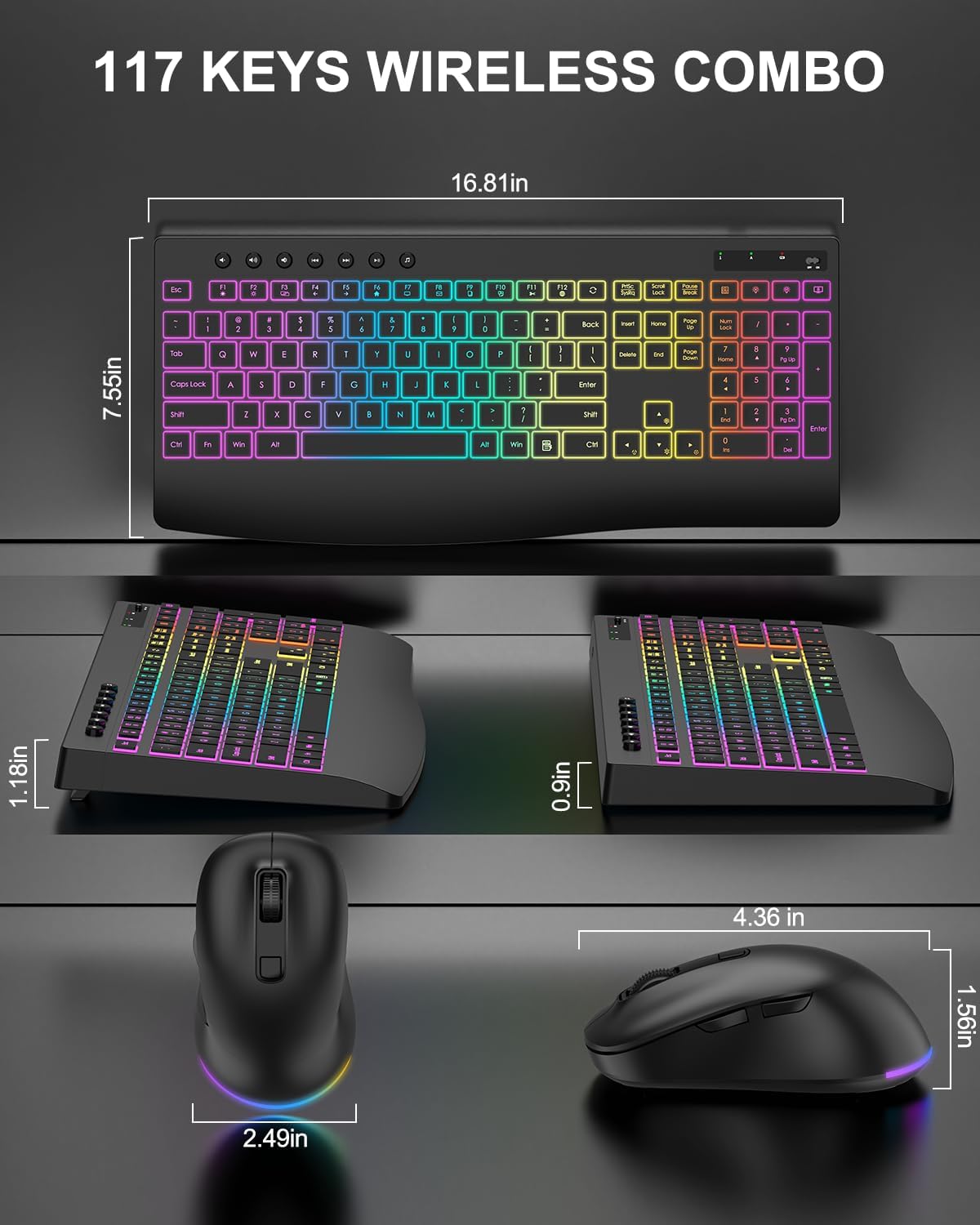 Wireless Keyboard and Mouse Combo, 9 Backlit Effects, 4000mAh Rechargeable Backlit Keyboard with Wrist Rest, 6 Button Mouse, 2.4G Full Size Quiet Keyboard Set for Computer, PC, Laptop, Mac, Windows