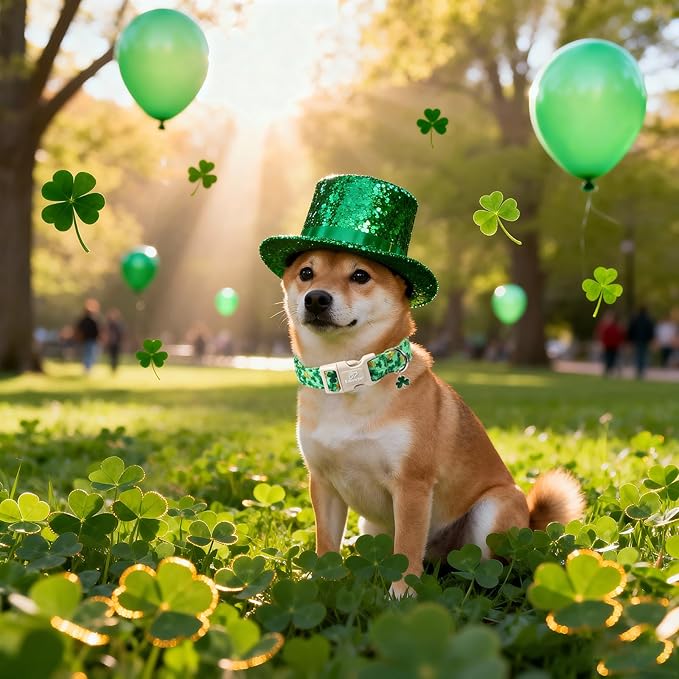 St. Patrick's Day Dog Collar for Small Dogs - Green Shamrock & Yellow Flower Print Dog Collars, Cute Irish Party Puppy Collar, Lightweight Adjustable St. Patricks Day Pet Collars S