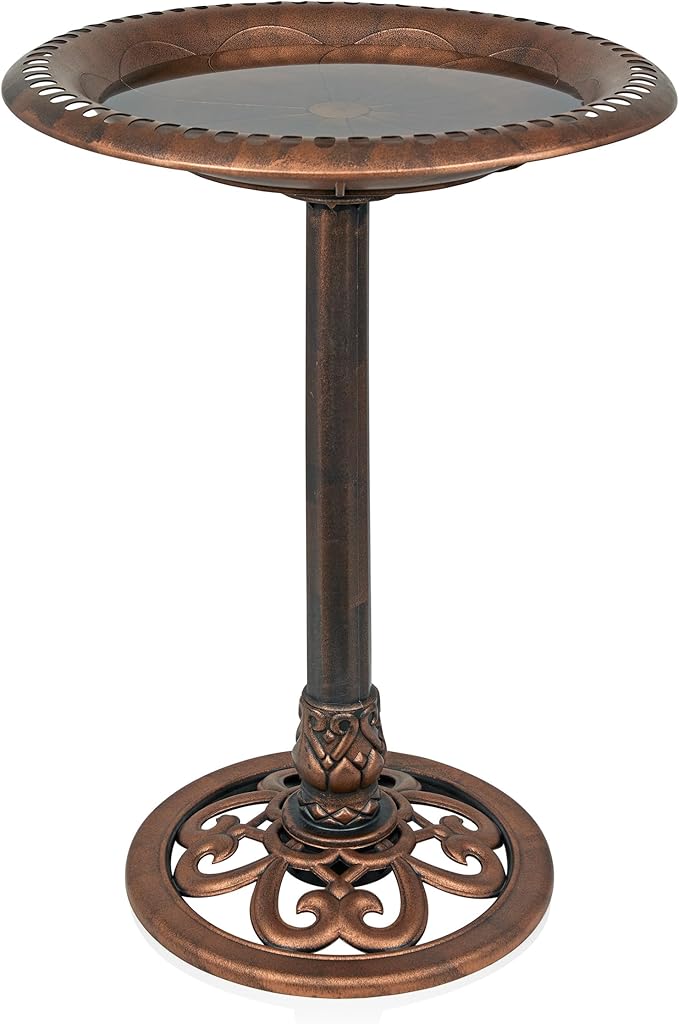 Alpine Corporation | 28" Bronze Outdoor Pedestal Birdbath with Scrollwork Base and Ground Stakes — Elegant Garden Décor, Durable Weather-Resistant Design for Lawn, Patio, or Yard