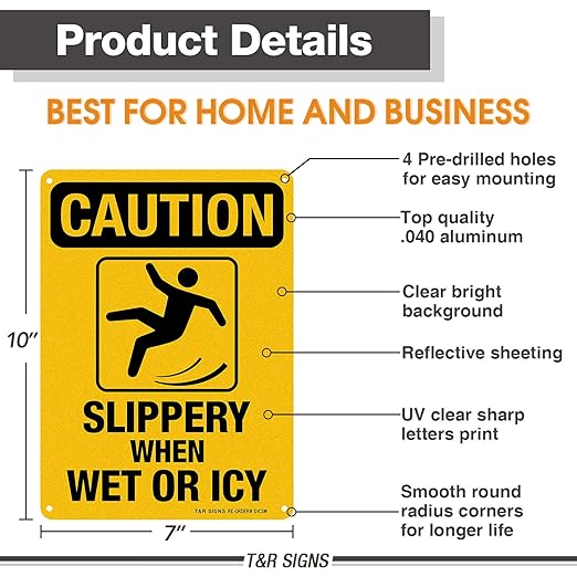 Slippery When Wet Or ICY Sign, Caution Sign, 4 Pack, 10" x 7" Rust Free .040 Aluminum, UV Protected, Waterproof, Weatherproof and Fade Resistant, 4 Pre-drilled Holes