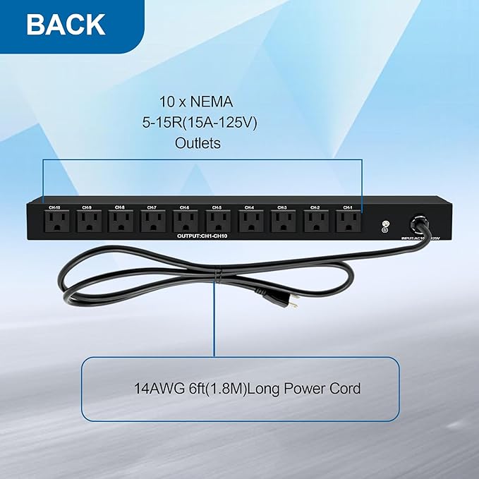 10 NEMA 5-15R Outlet Surge Protector PDU, 120V 15A 3600J 10KA, 1U Rack Mount