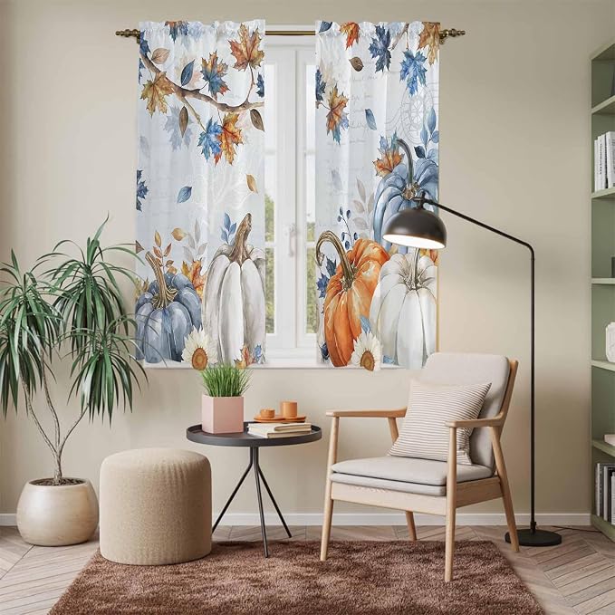 Fall Blue Maple Window Curtains 63 Inch Long 2 Panel Set, Rod Pocket Bedroom