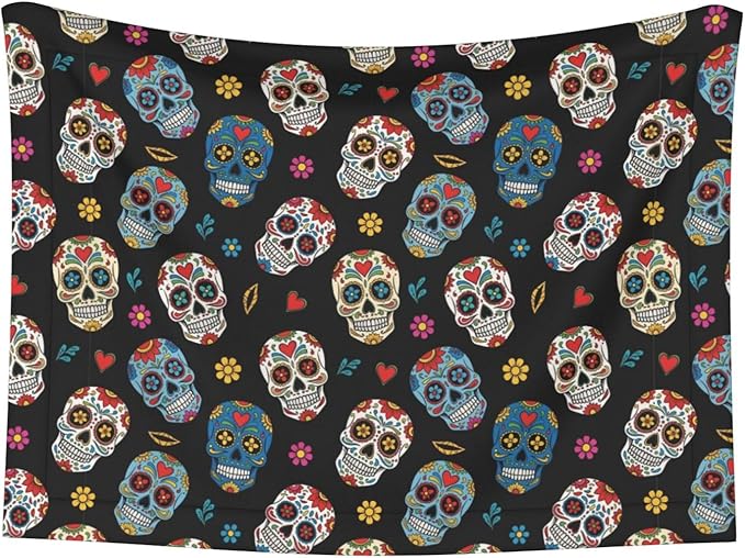Reversible Plush Throw for Dogs and Cats, Day of The Dead Sugar Skull, Double Sided Blanket with Nubby Dot Side and Sleek Side Ideal for Cuddling Nesting Security