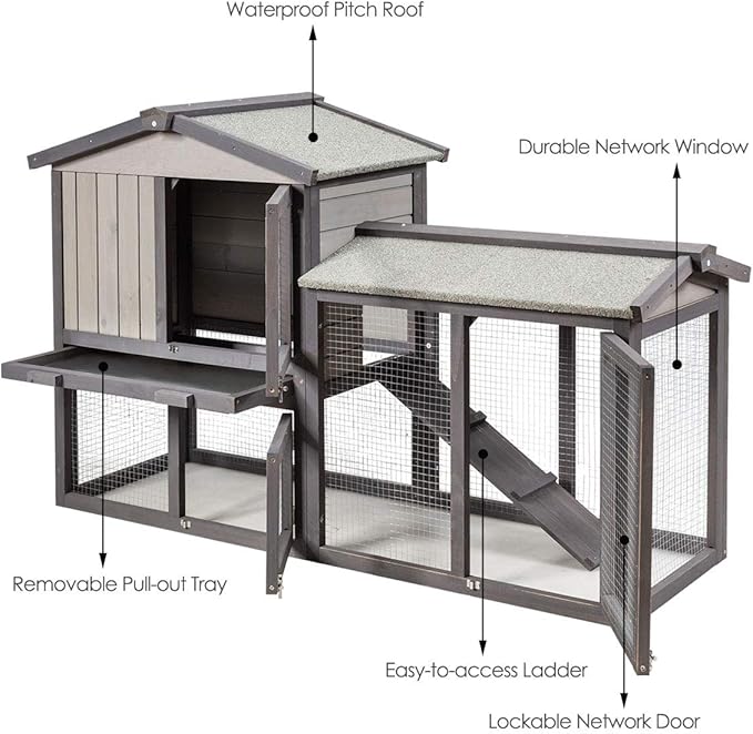 Tangkula Rabbit Hutch Indoor and Outdoor, 58-Inch Bunny Cage with Removable Tray & Ramp, Wood Chicken Coop with Waterproof Roof for Rabbits, Chicken and Guinea Pigs (Gray)