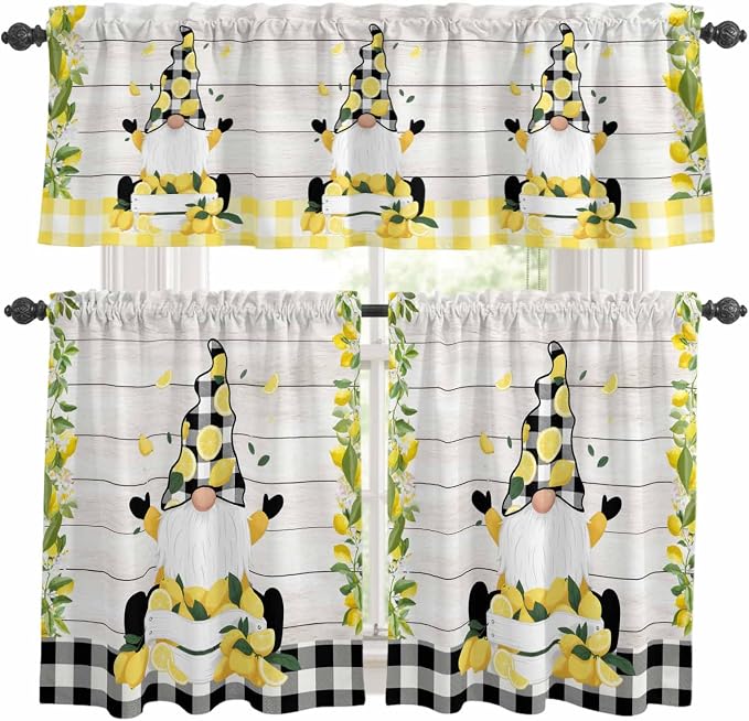 Lemon Gnomes Kitchen Curtains Set 3 Piece