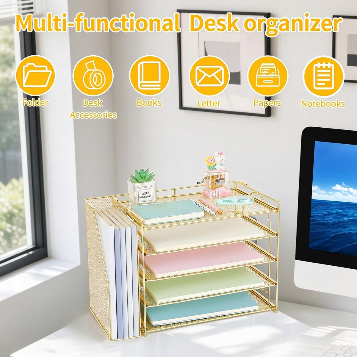 AUPSEN Gold Desk Organizers and Accessories, 5-Tier Desktop Paper File Organizer with Removable File Holder, Desk Accessories & Workspace Organization for Home Office Supplies (Gold)