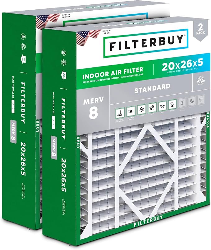 Filterbuy 20x26x5 Air Filter MERV 8 Essential Dust & Allergy Defense, Pleated