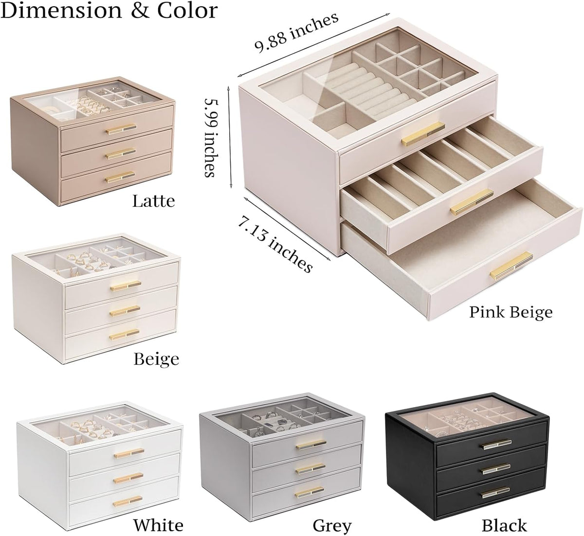 Vlando 3-Drawer Jewelry Box Organizer with Glass Lid, Pink Beige