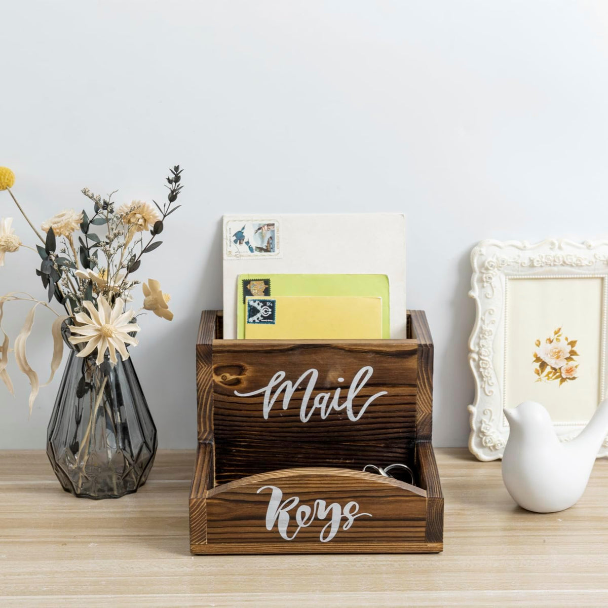 MyGift Burnt Wood Entryway Mail Organizer with Key Storage Tray