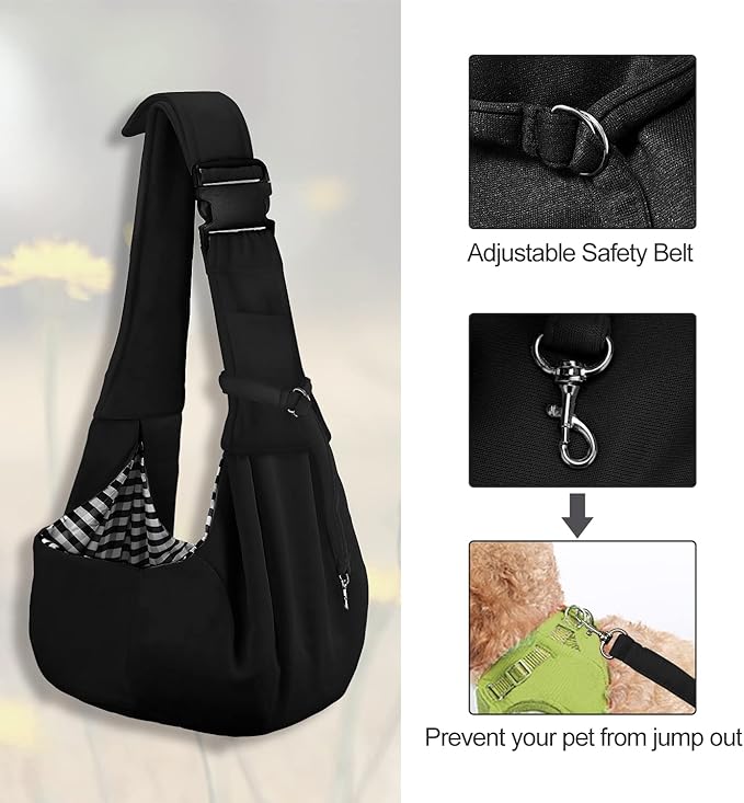 PETLOFT Reversible Dog Cat Sling Carrier, Small Dog Carrier, Adjustable Dog Sling, Hands Free Cross Body Carrier with Collar Hook for Dog/Cat/Bunny up to 11lb, Black