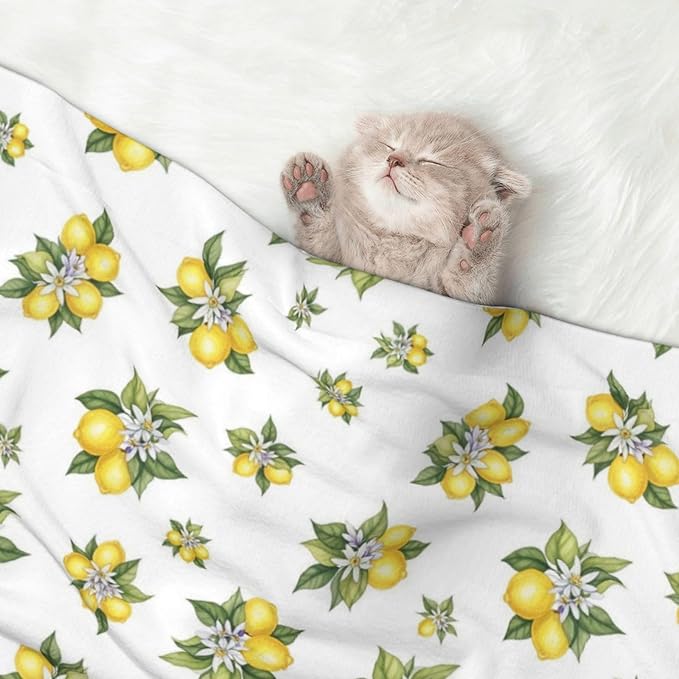 Double Sided Plush Pet Blanket with Cozy Dot Texture and Smooth Reverse, Yellow Lemons Trees With Green Leaves And White Flower Summer Plant, Reversible Throw for Dogs Cats on Couches Beds Crates