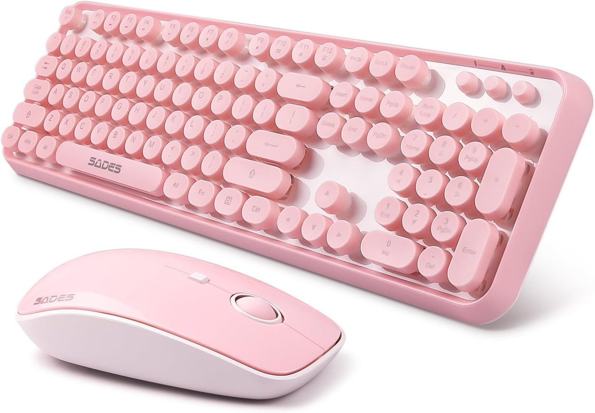 Pink Wireless Keyboard and Mouse Combo,Cute Typewriter Style,for Long Nails