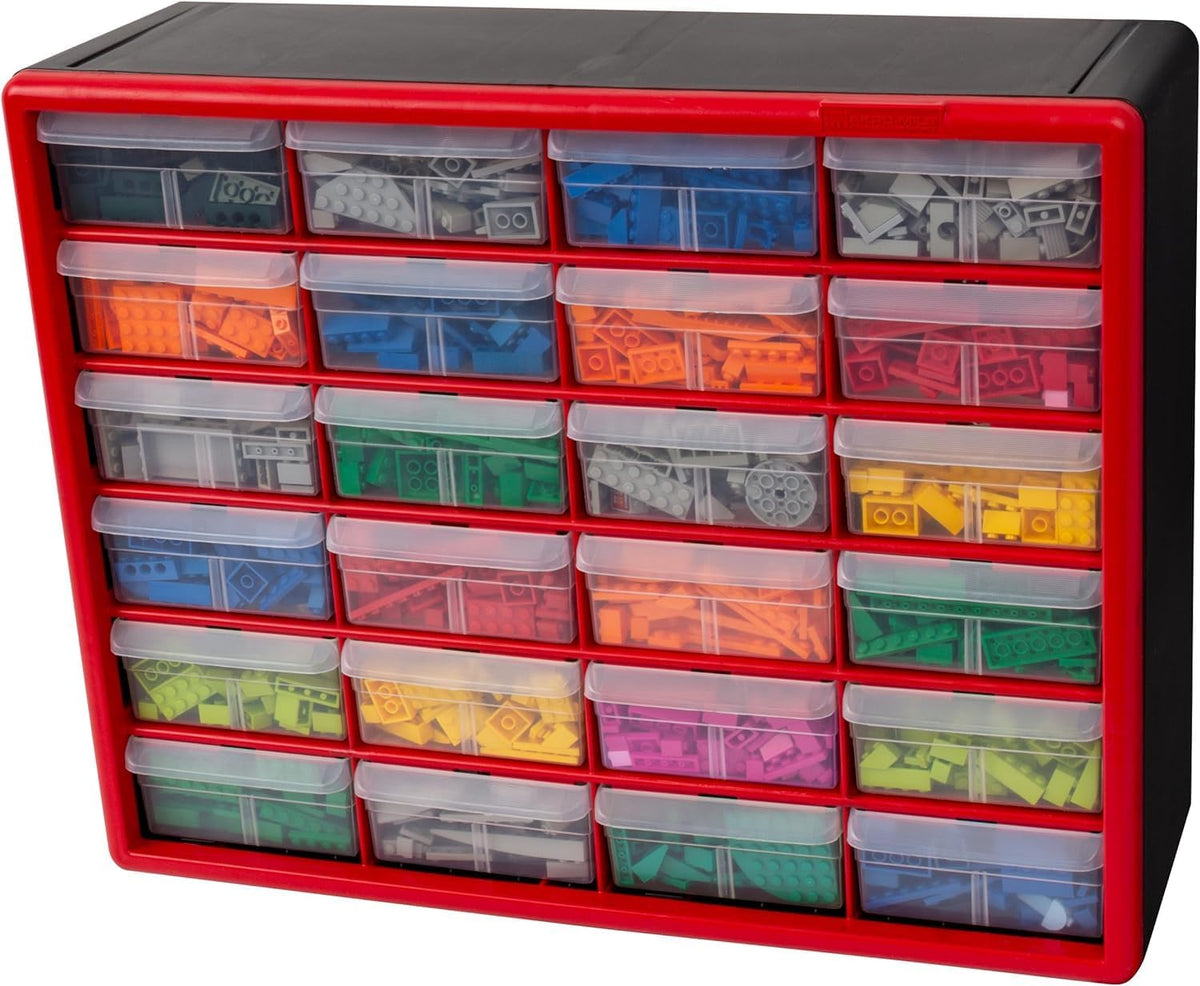 Akro-Mils 10124, 24 Drawer Plastic Parts Storage Hardware and Craft Cabinet, 20-Inch W x 6-Inch D x 16-Inch H, Red