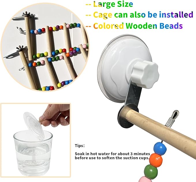 FlidRunest Suction Cup Wooden Bird Perch Stand Toy, Colorful Bird Parrot Ladder Bridge Toys for Window/Bath/Car, Climbing Ladder for Parrot, Lovebird, Parakeet, Budgie