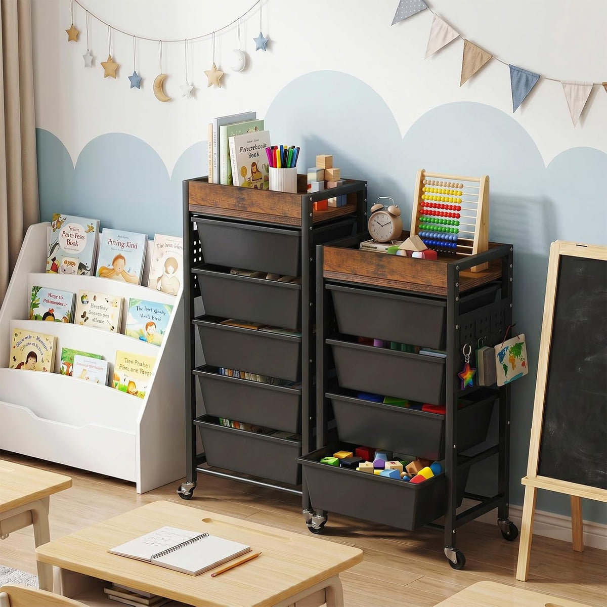 6 Tier Rolling Cart with Drawers, Plastic Drawer Storage Craft Cart with Pegboards & Hooks, Metal Utility Cart with Wheels & Wooden Tabletop, Classroom Office Art Supply Organizers and Storage, Black