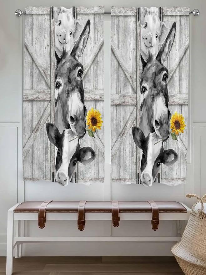 Grey Farmhouse Living Room Curtains 72 Inches Length, Vintage Sunflowers