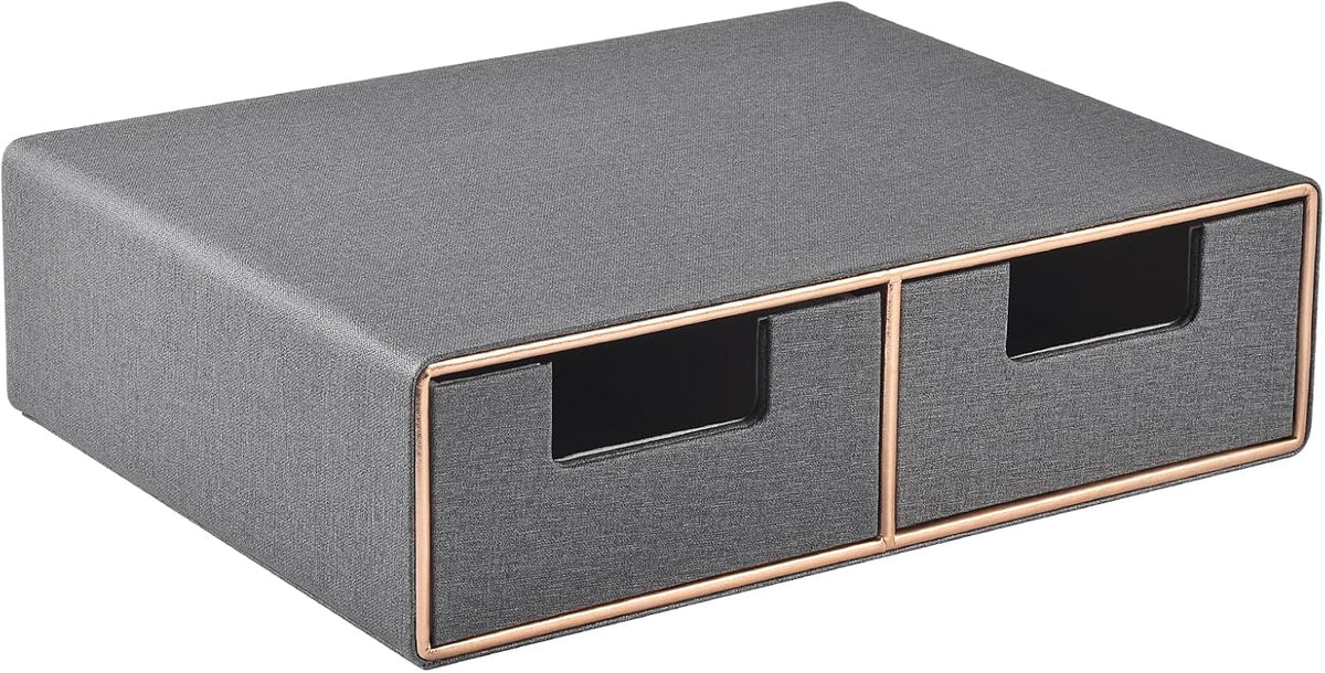 Linen Leather Desk Organizer with Drawers－Mini Desktop Drawer Organizer Stackable－Multifunctional Tabletop Organization Storage Box for Office Supplies Home Vanity Toiletries (Grey, 2-drawers)