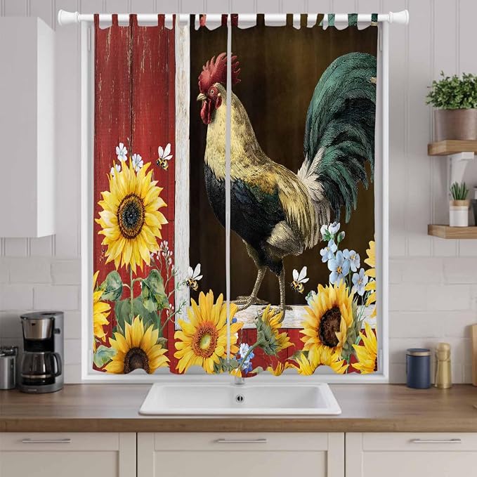 Chicken Sunflowers Living Room Curtains 84 Inch Length, Window Curtains Tab Top
