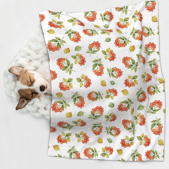 Double Sided Plush Pet Blanket with Cozy Dot Texture and Smooth Reverse, Flower Berries Autumn Orange Art Pattern, Reversible Throw for Dogs Cats on Couches Beds Crates