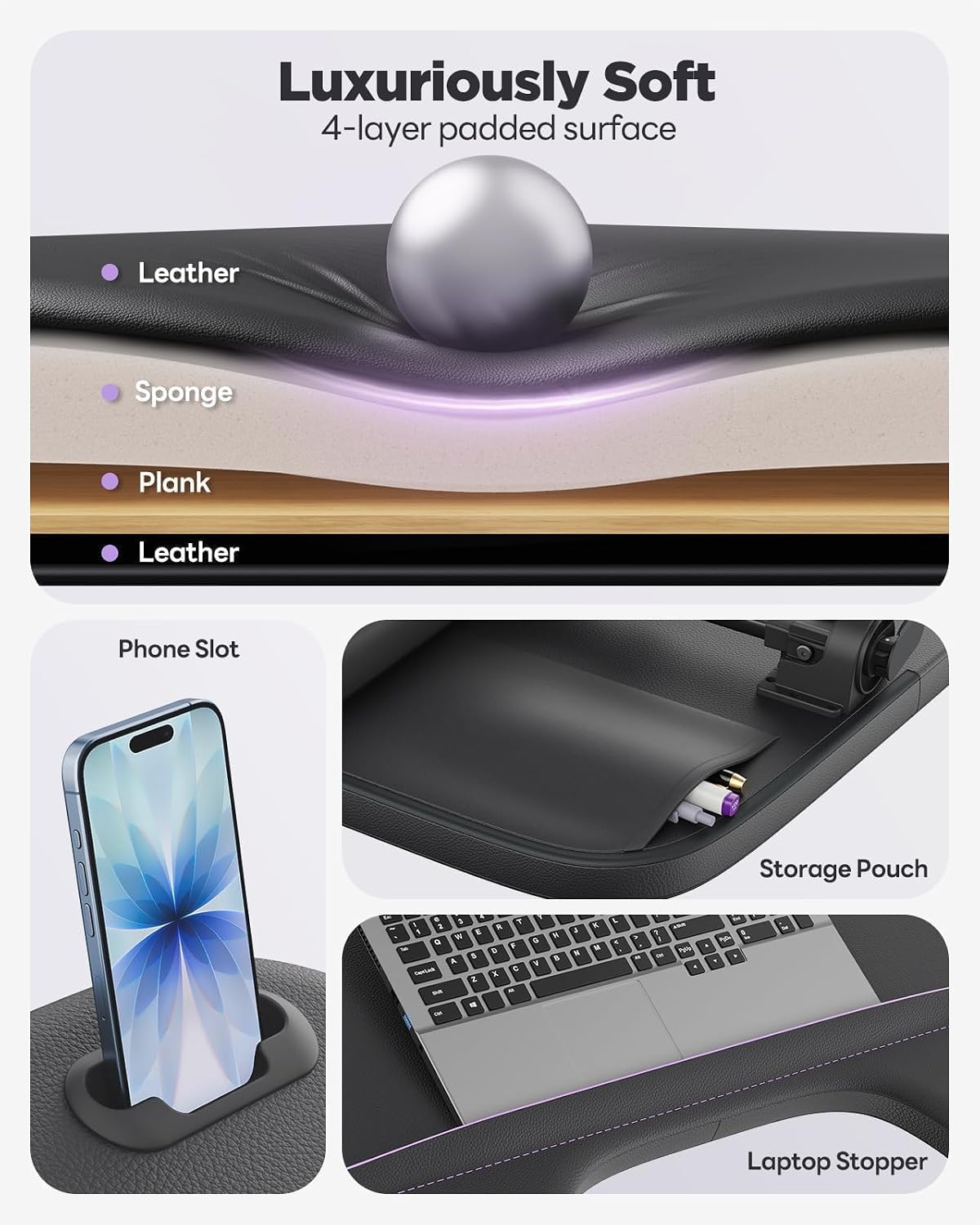 SAIJI Laptop Lap Desk for Bed & Couch with Soft Armrest, Bed Desk Table