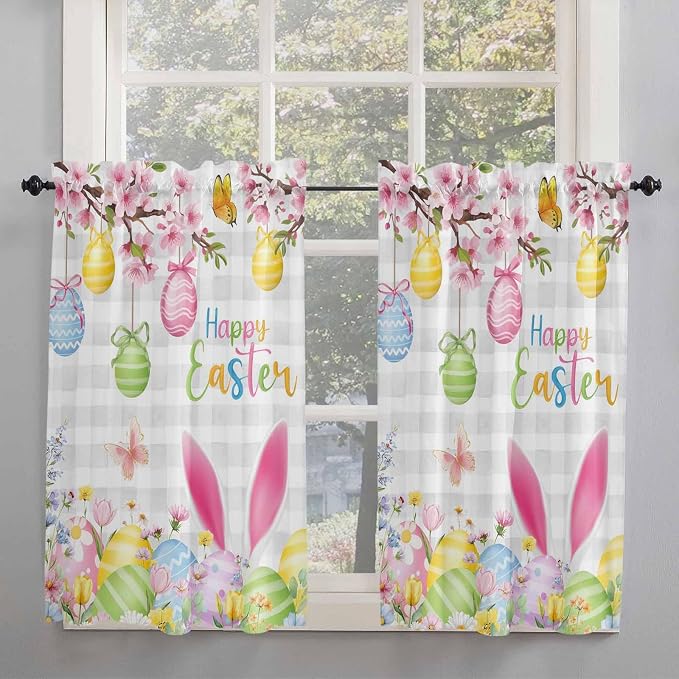 Happy Easter Kitchen Curtains 54 Inches length, Spring Watercolor Bunny Eggs