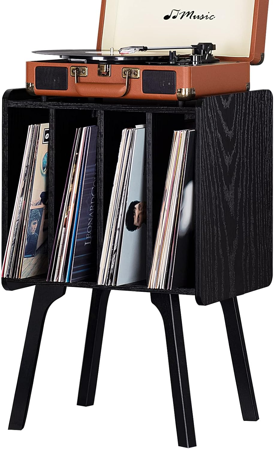 LELELINKY Small Record Player Stand, 4 Cabinet Vinyl Storage Table, Black