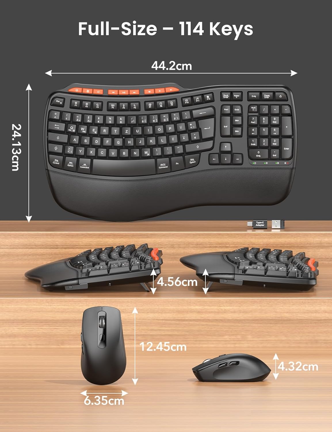 Ergonomic Wireless Keyboard and Mouse Combo, Full Size Wave, Natural Typing