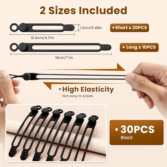 30 Pcs Silicone Cable Ties, Reusable Data Cable Organizer Wire Organizers for Office, Multipurpose Elastic Cord Wraps Cable Management for Charging Cord,Appliances,Home,Office,Kitchen,School,Travel