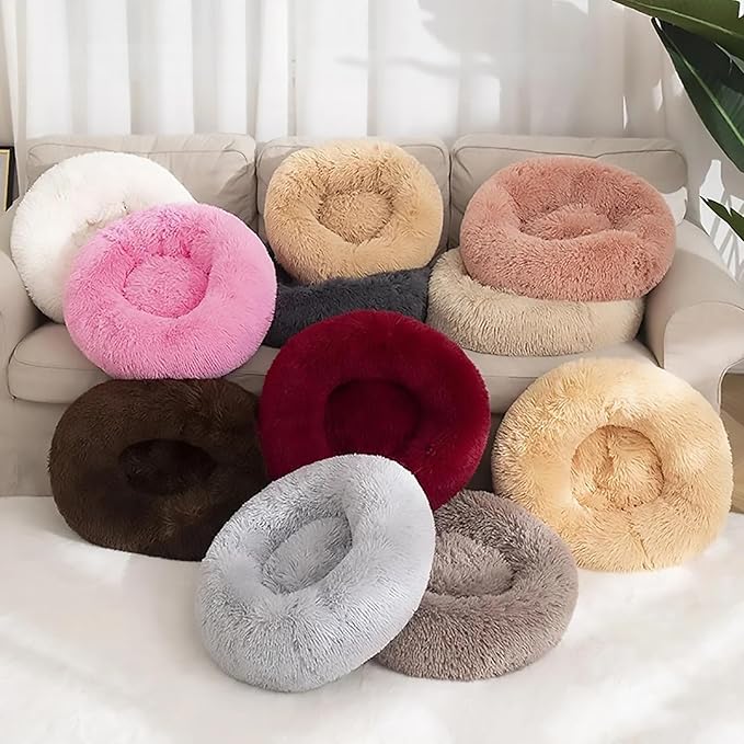 Calming Dog Bed for Small Dogs, Calming Donut Cuddler Pet Bed Anti Anxiety Round Dog Bed Fluffy Plush Faux Fur Cat Bed,Blue+White,31.5IN
