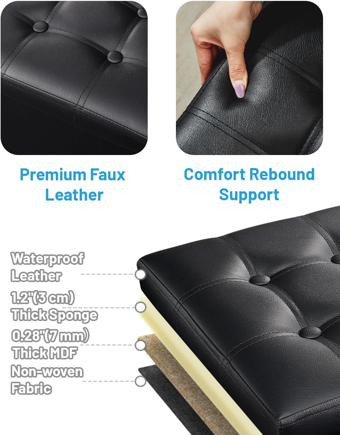 AmasSmile Ottoman with Storage,Folding Chest,17" Leather,Black 2 Pack