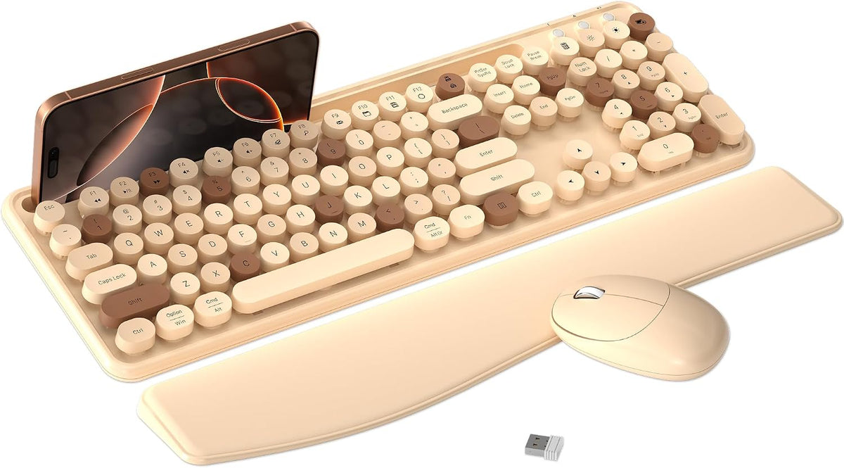 Wireless Keyboard and Mouse Combo with Phone Holder (Milk Tea)