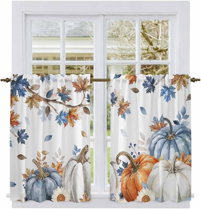 Navy Blue Pumpkin Fall Kitchen Tier Curtains 45 Inch Long 2 Panel Set, Rod