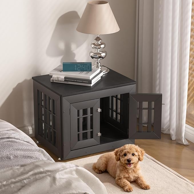 26" Heavy Duty Dog Crate Furniture for Small,Medium and Large Dogs,Rustic Wooden Dog Cage Kennel Indoor Furniture with Waterproof Top,Decorative Pet House Side End Table (Black)
