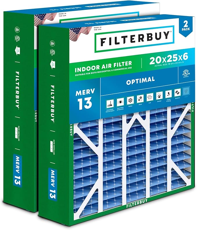 Filterbuy 20x25x6 Air Filter MERV 13 Optimal Smoke & Allergy Defense, Pleated