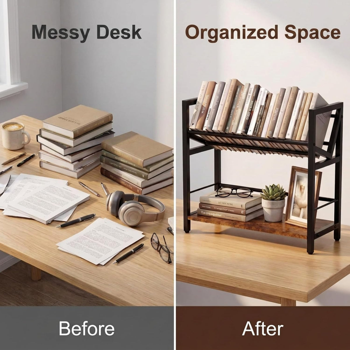 2-Tier Desktop Bookshelf, Office Desk Shelf Organizer, Slanted Book Rack