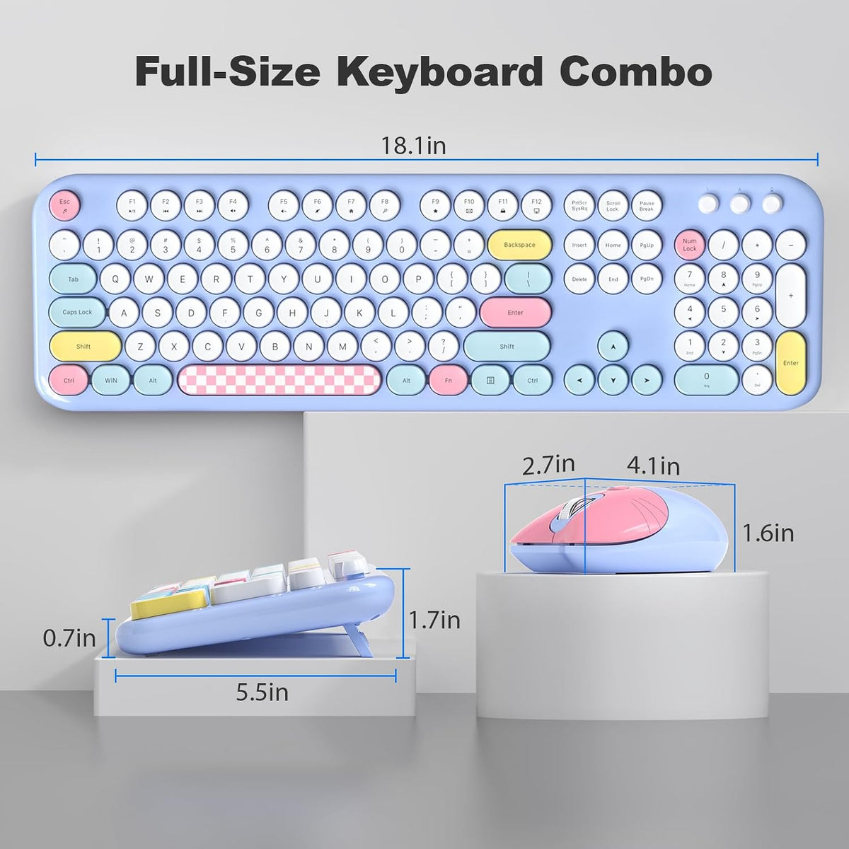 Retro Wireless Keyboard and Mouse Combo, SQMD Full-Size Office Typewriter Keyboard with Round Colorful Keycaps, 2.4G Cute Quiet Mouse for Windows PC, Home, Office, and College - Blue
