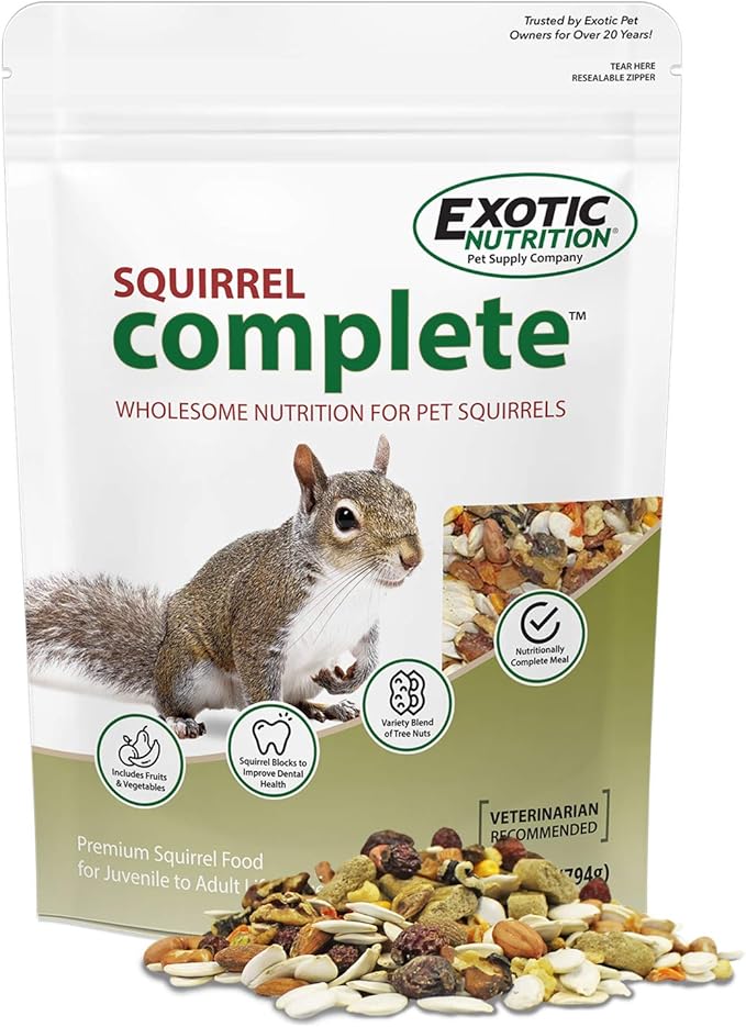 Exotic Nutrition Starter Package for Squirrels - Includes Healthy Food, Nest Box, Nesting Material, Natural Treat, Water Bottle & Food Dish