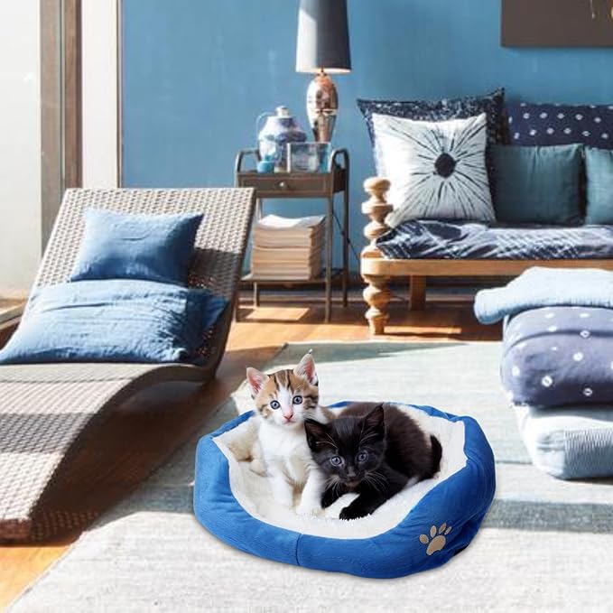 Round Dog Cat Beds Mattress Washable Pads Room, Soft Durable Plush Faux Fur Sleeping Pet Fleece Bed Mat for Small Doggy Kitten Puppy, with Anti-Slip Waterproof Bottom (Blue)