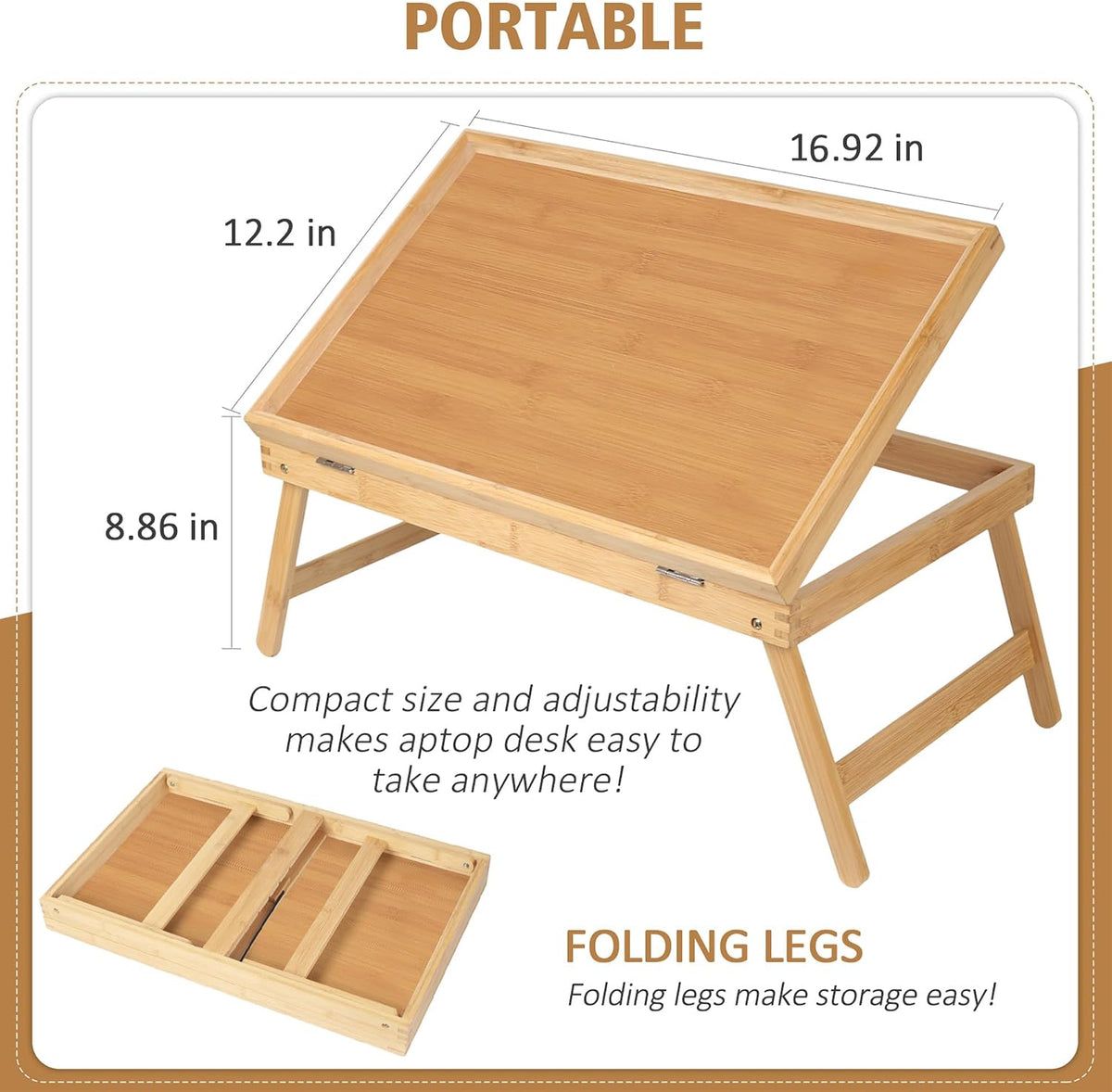 Artmeer FSC-Certified Bamboo Bed Tray Table, Tilting Top, Large, Beige
