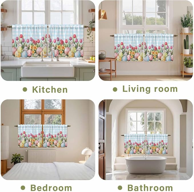 Easter Kitchen Tier Curtains 24 Inch Long 2 Panel Set, Rod Pocket Cafe Small