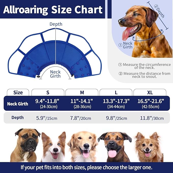 Allroaring Dog Cone Collar, Soft Dog Cones for Medium Dogs After Surgery, Adjustable Pet Cone for Dogs to Stop Licking, Breathable Doggie Elizabethan Collar for Wound Care Spay Neuter, Blue M