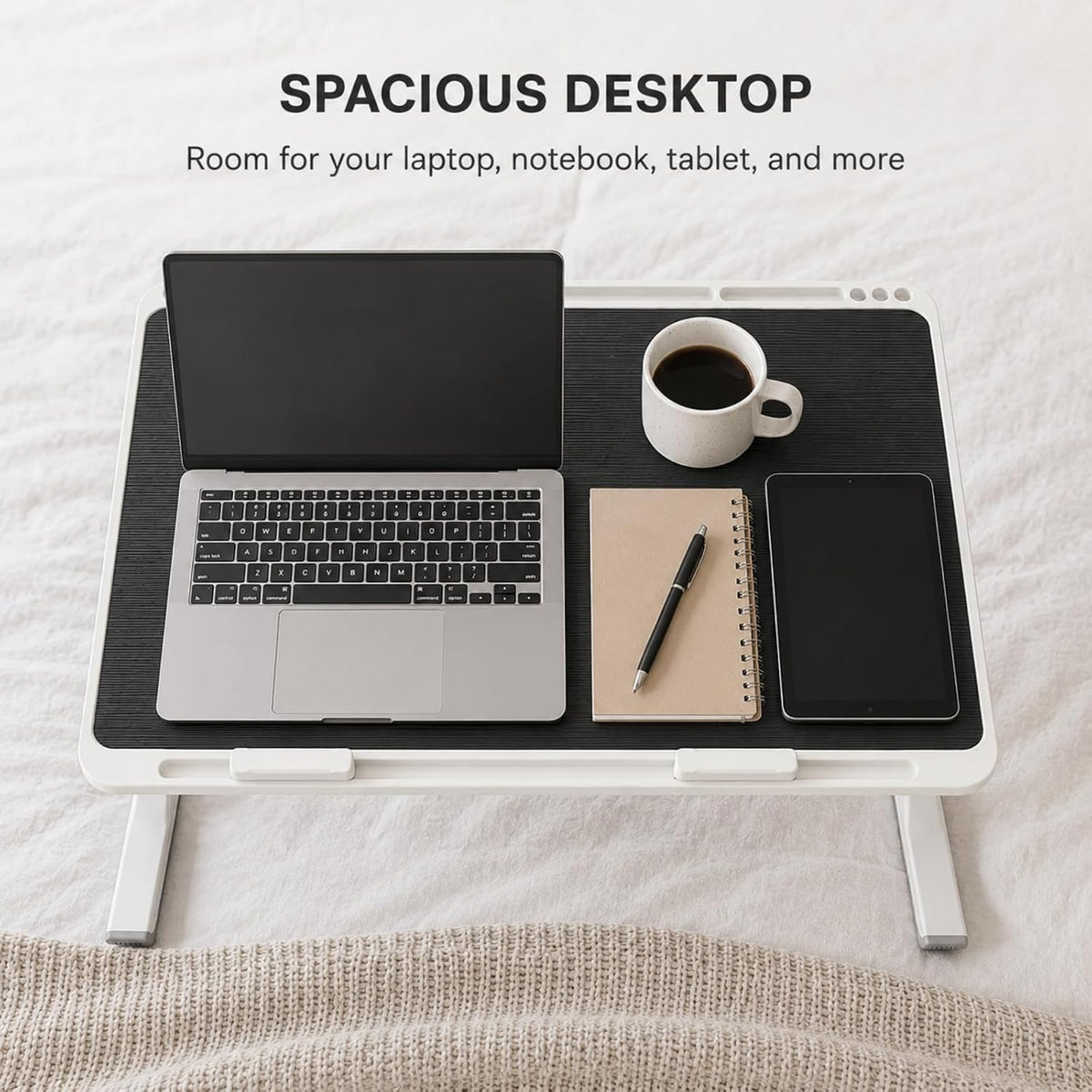 Foldable and Adjustable admireshun Laptop Bed Table with Hidden Drawer, Cup Holder, USB Voice-Controlled Night Light, Black, 23.6"x15.7", Suitable for Working, Gaming, and Other uses on Bed and Sofa