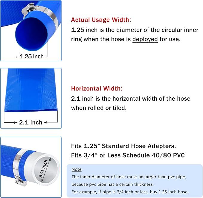 DAVCO 1.25" x 100 ft Pool Backwash Hose, Heavy Duty Reinforced Blue PVC Lay