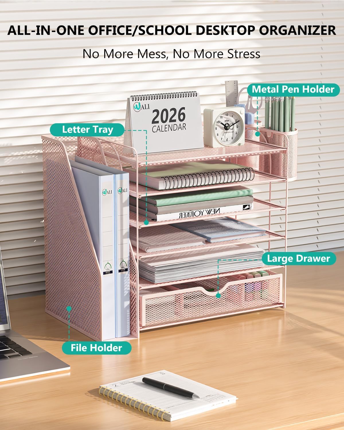 WALI Desk File Organizer, 6 Tier Desktop Paper Letter Tray Organizer with Drawer and 2 Pen Holders, Office Desk Accessories & Workspace Organizers for Office, Home Supplies(DO007DH-P), 1 Pack, Pink