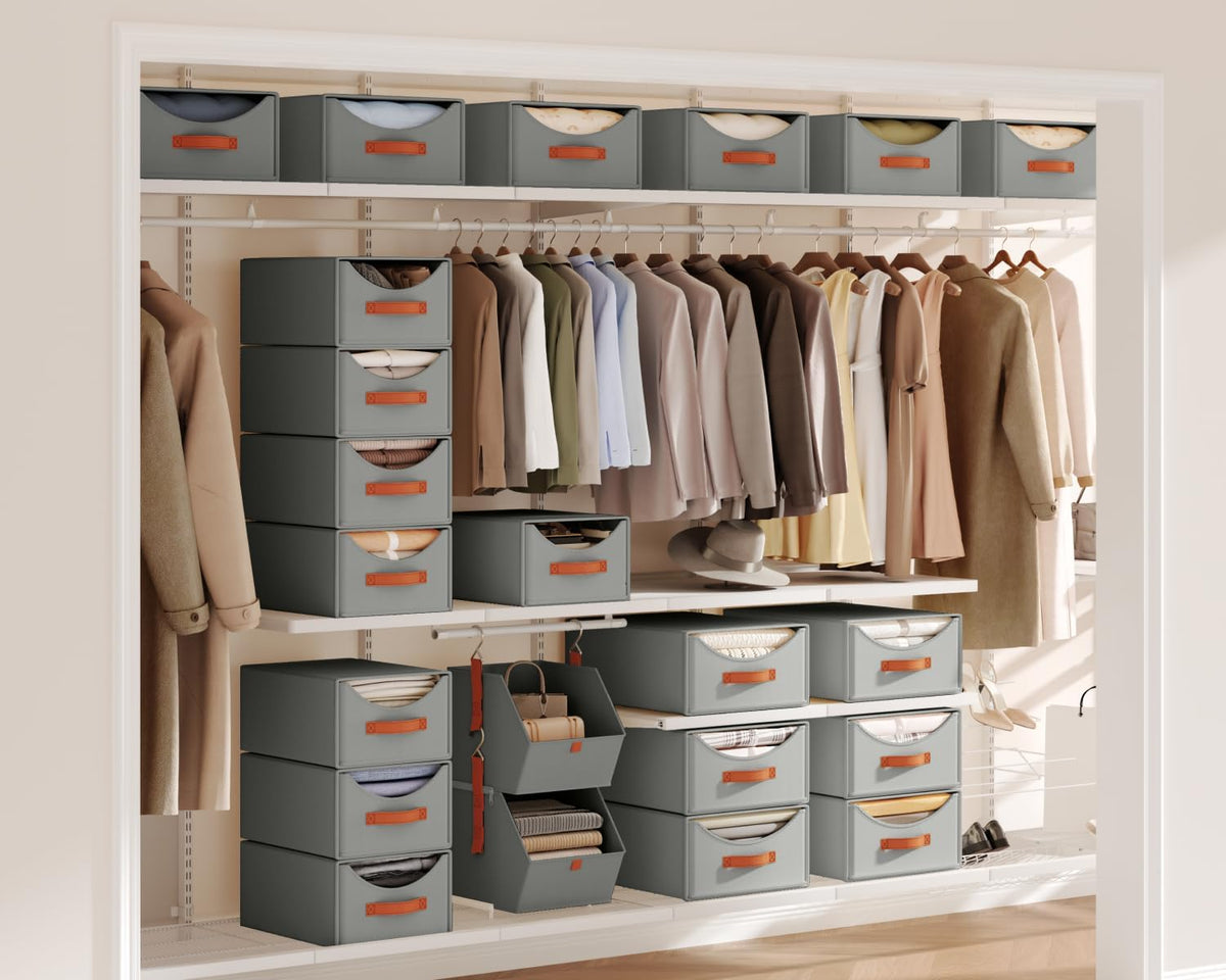 Homsorout Large Closet Organizers - Closet Storage Drawers for Clothes, Fabric Sotrage Bins with Handle, Collapsible Organizer Bins for Bedroom, Living Room, 4 Pack, Gray