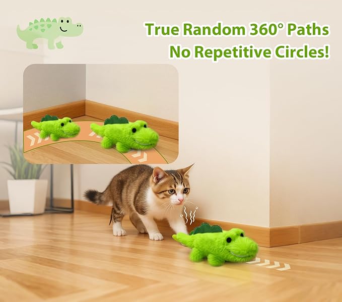 Interactive Cat Toys for Indoor Cats - Self-Charging Croc Chase Toy with 360° Motion, Wagging Tail & Catnip, Automatic Exercise Toy for Bored Kittens/Adults(Plush Fur)