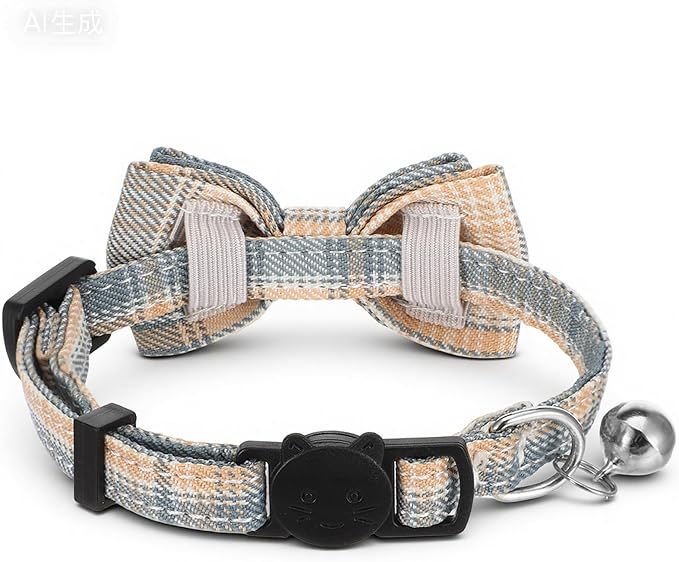 2 Pcs Cat Collar Breakaway with Bell and Bowtie - Adjustable Cat Bow Tie - Plaid Kitten Collar for Small Pets