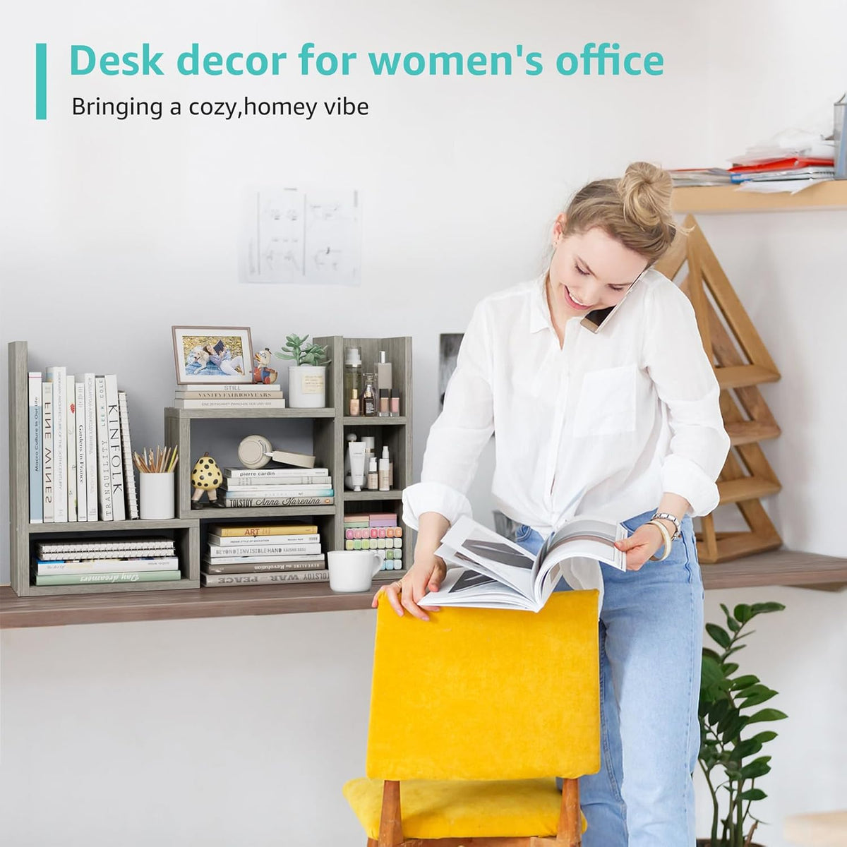 NUTIKAS Desk Shelves Desktop Organizer Shlef - Grey Office Organization for Top of Desk Organizers and Accessories Corner Bookshelf Table Top Shelving Small Hutch Decorations for Office