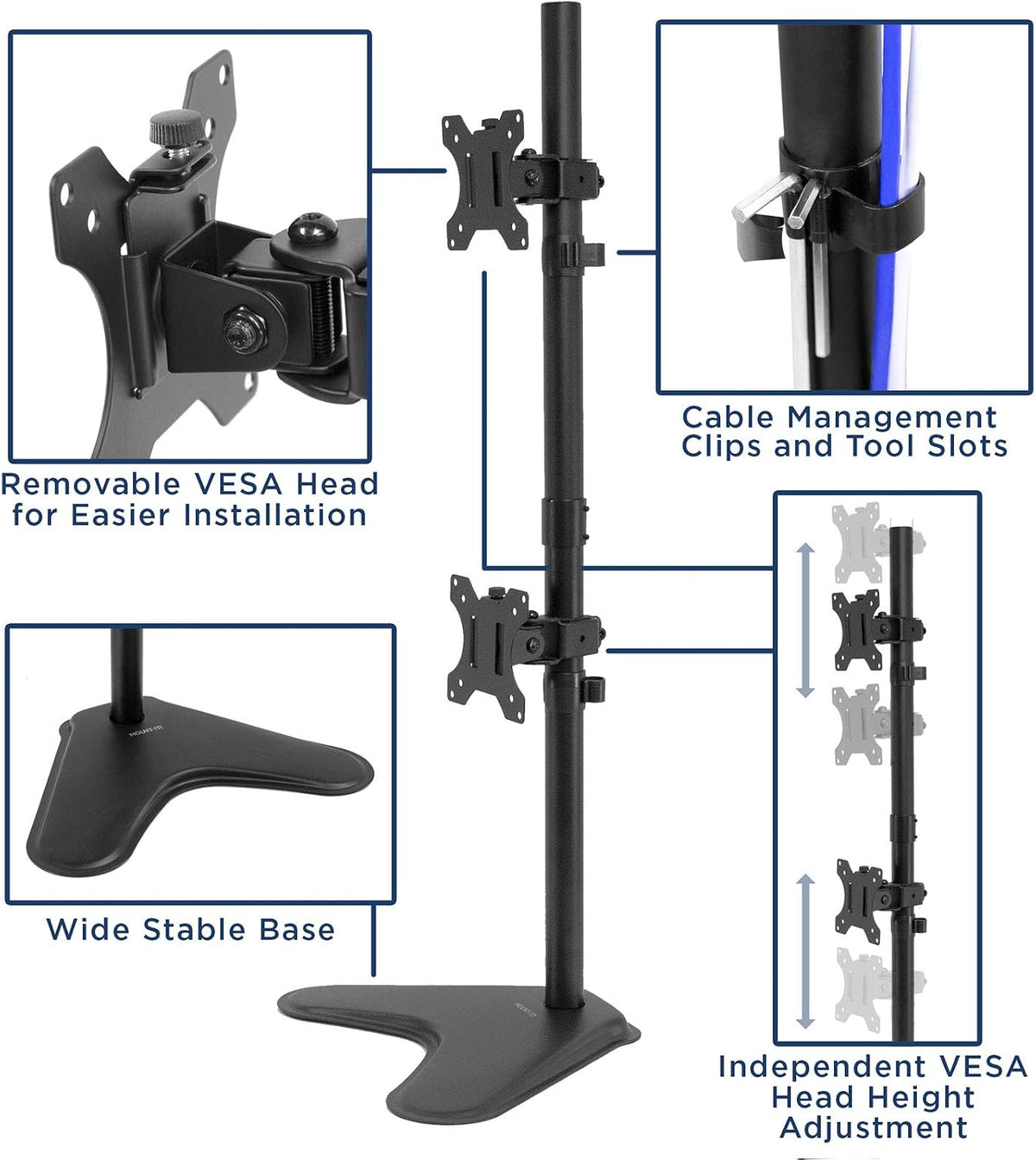 Mount-It! Vertical Dual Monitor Stand, Freestanding Stacked Monitor Mount for 2 Screens 17–32", Height Adjustable, Tilt Swivel Rotate, Portrait or Landscape, Holds 17.6 lbs per Arm, No Desk Clamp Needed