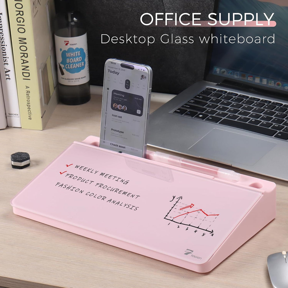 TOWON Compact Glass Desktop Whiteboard with Storage 12x7 in, Pink